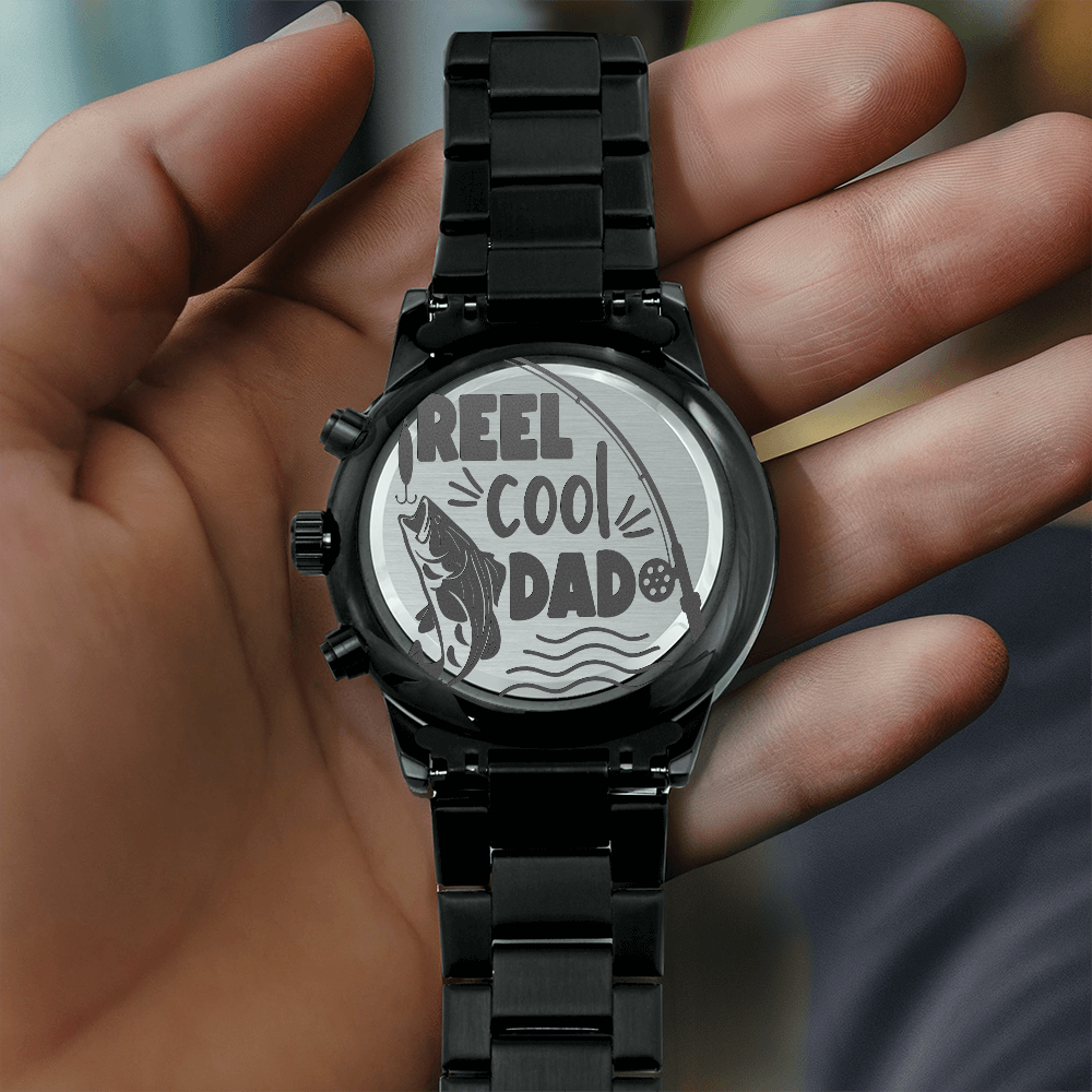 Reel Cool Dad Fishing Engraved Black Chronograph Watch