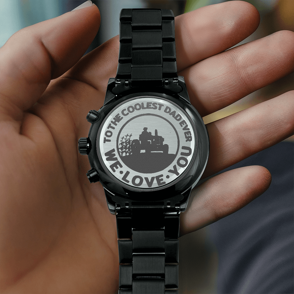 To the Coolest Dad Farmer Engraved Design Black Chronograph Watch