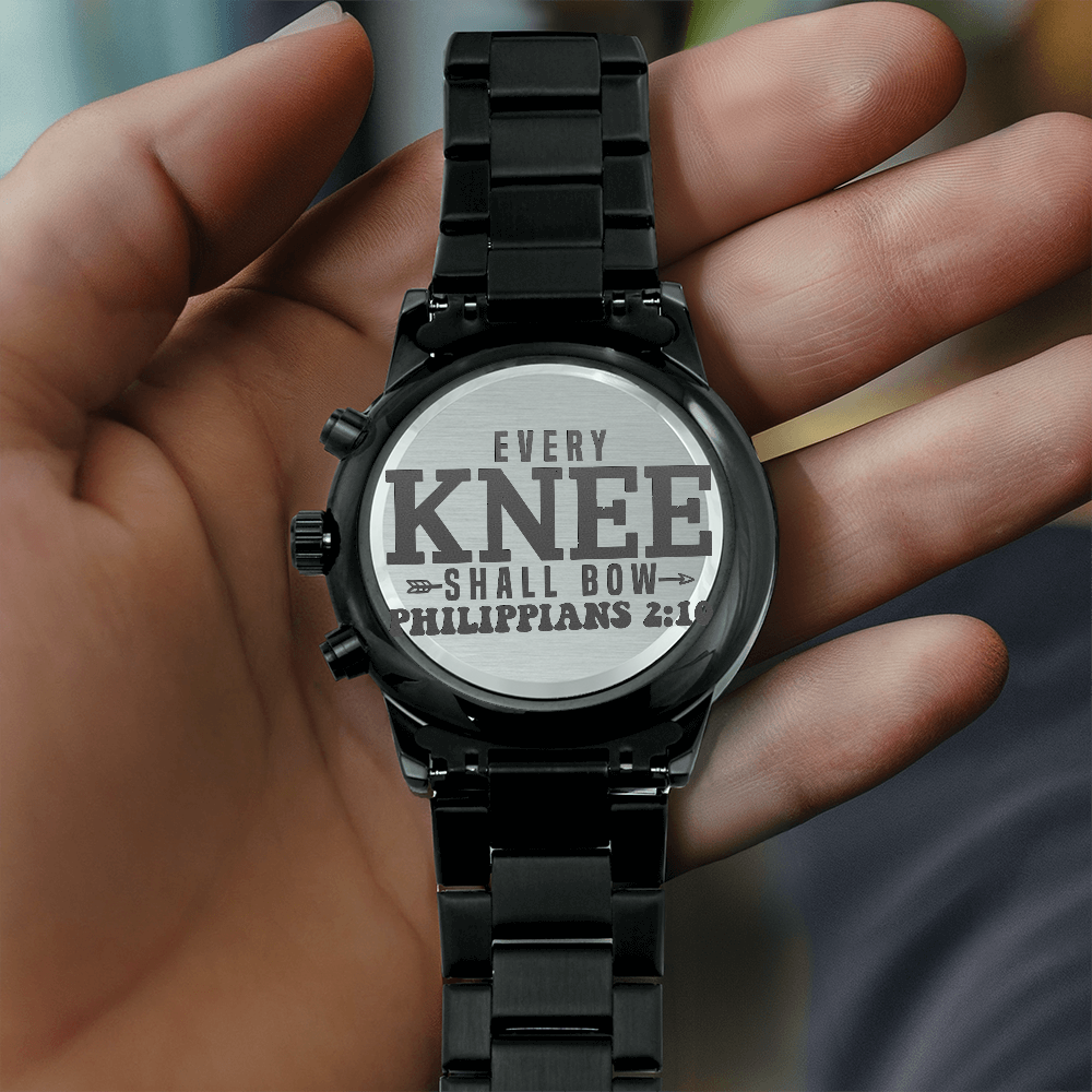 Every Knee Shall Bow Faith Based Engraved Black Chronograph Watch