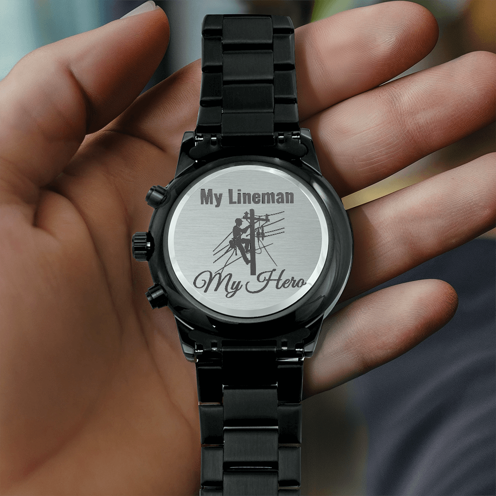 My Lineman My Hero Engraved Design Black Chronograph Watch