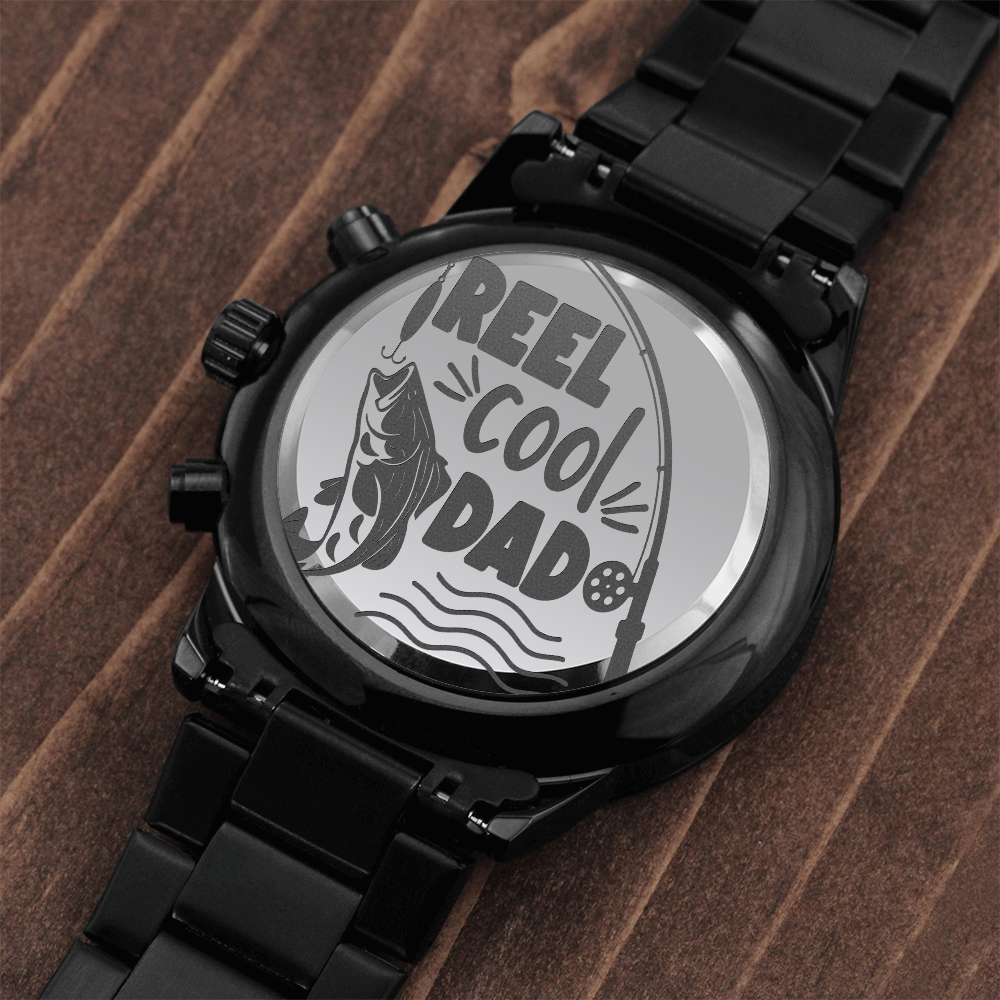 Reel Cool Dad Fishing Engraved Black Chronograph Watch