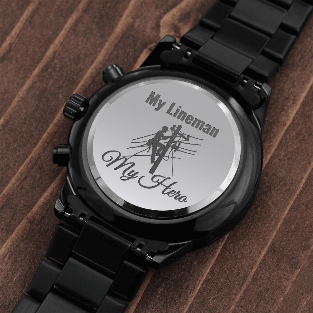 My Lineman My Hero Engraved Design Black Chronograph Watch