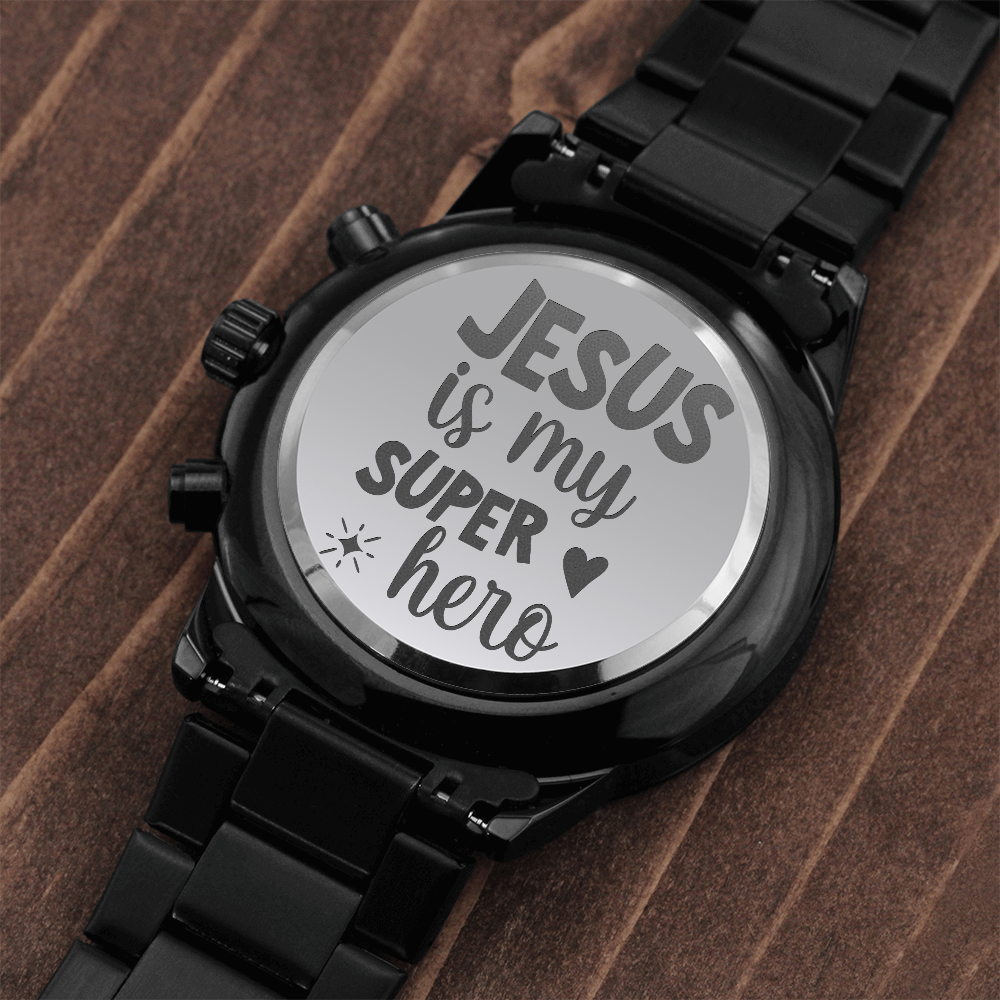 Jesus is My Super Hero Faith Based Engraved Black Chronograph Watch