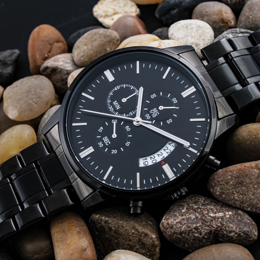 Happy Holidays Merry Christmas Engraved Black Chronograph Watch