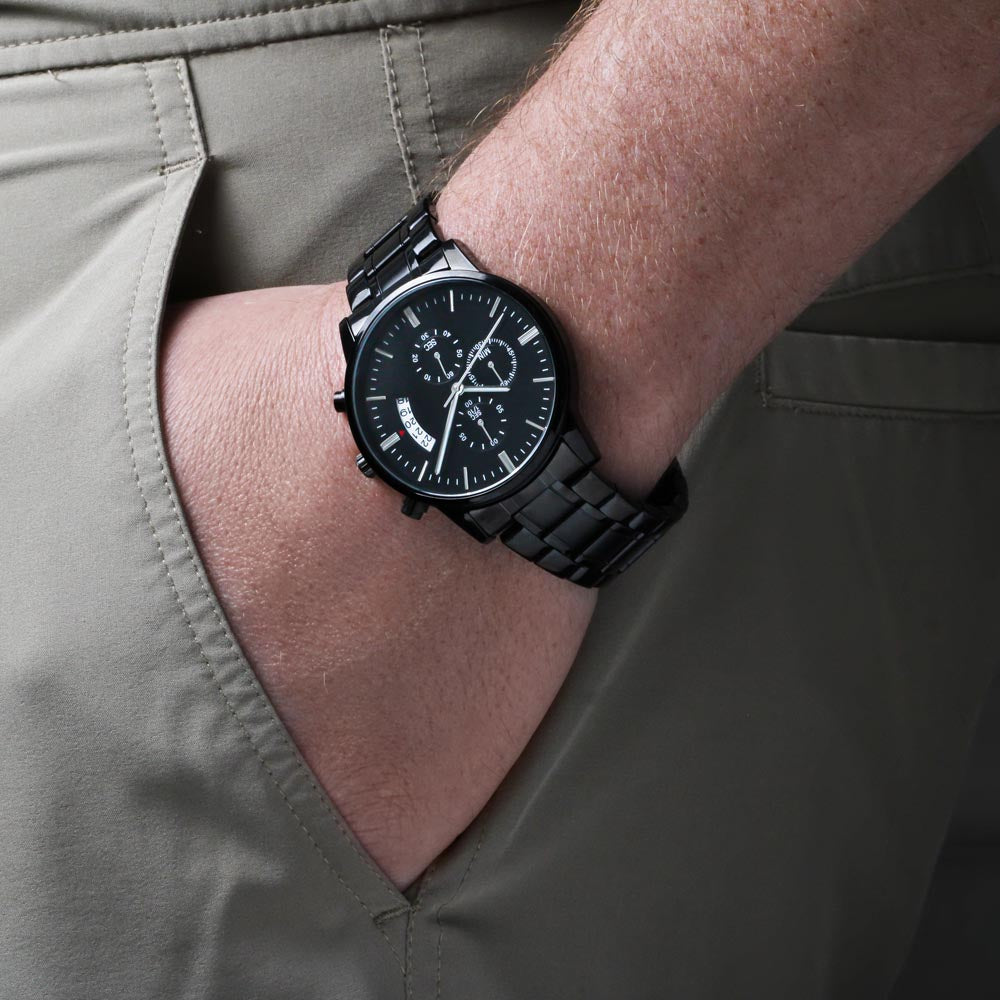 Reel Cool Dad Fishing Engraved Black Chronograph Watch