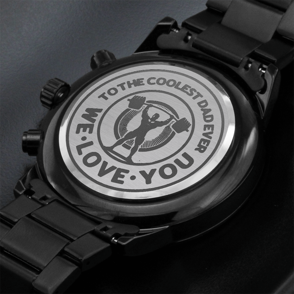 To the Coolest Dad Weightlifter Engraved Black Chronograph Watch