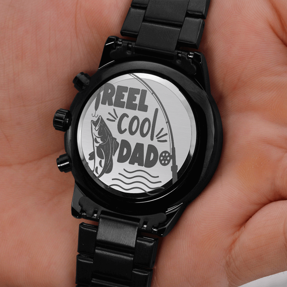 Reel Cool Dad Fishing Engraved Black Chronograph Watch