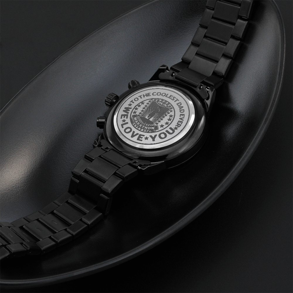 To the Coolest Dad Marathon Runner Engraved Design Black Chronograph Watch