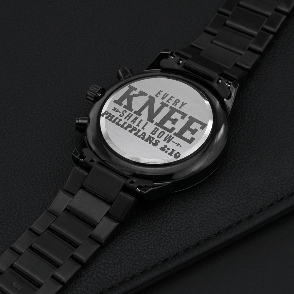 Every Knee Shall Bow Faith Based Engraved Black Chronograph Watch