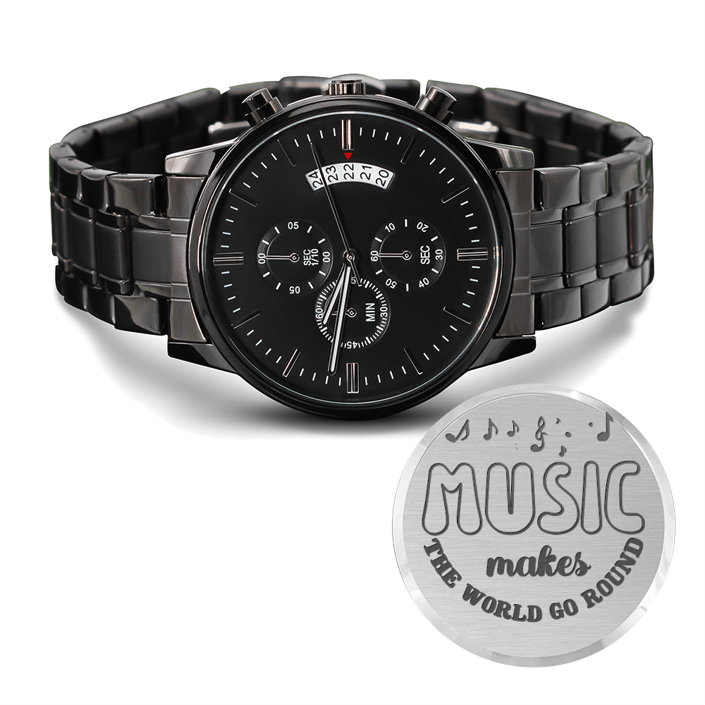 Music Makes the World Go Round Engraved Black Chronograph Watch