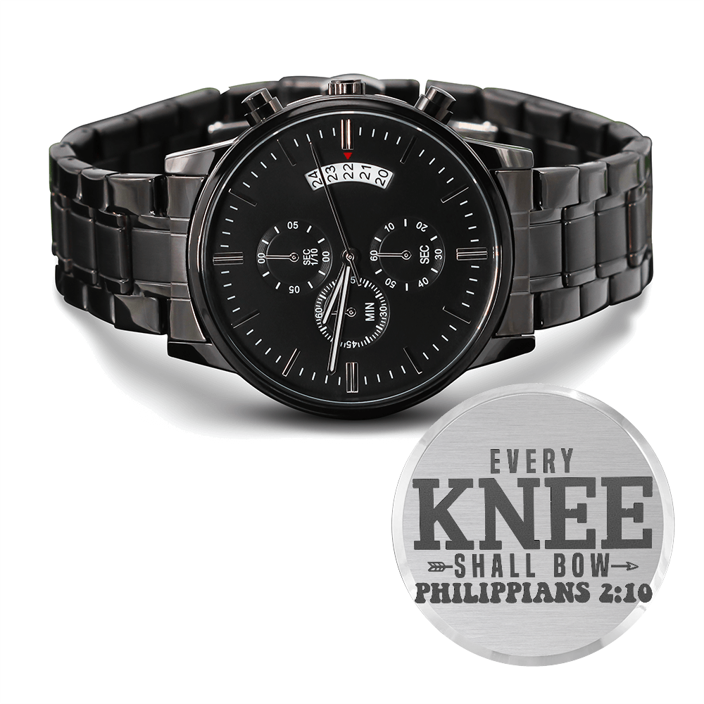 Every Knee Shall Bow Faith Based Engraved Black Chronograph Watch