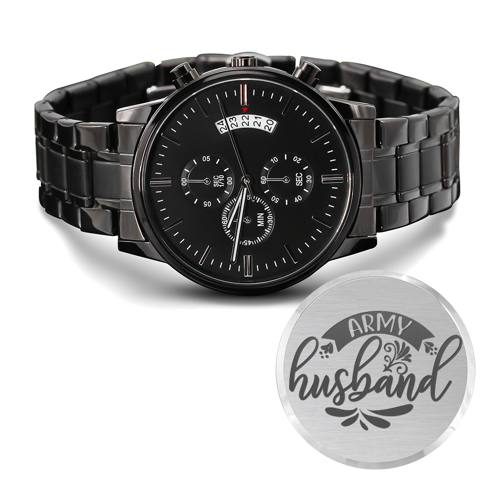 Army Husband Engraved Design Black Chronograph Watch