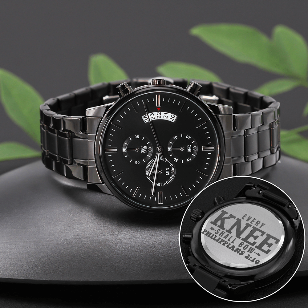 Every Knee Shall Bow Faith Based Engraved Black Chronograph Watch