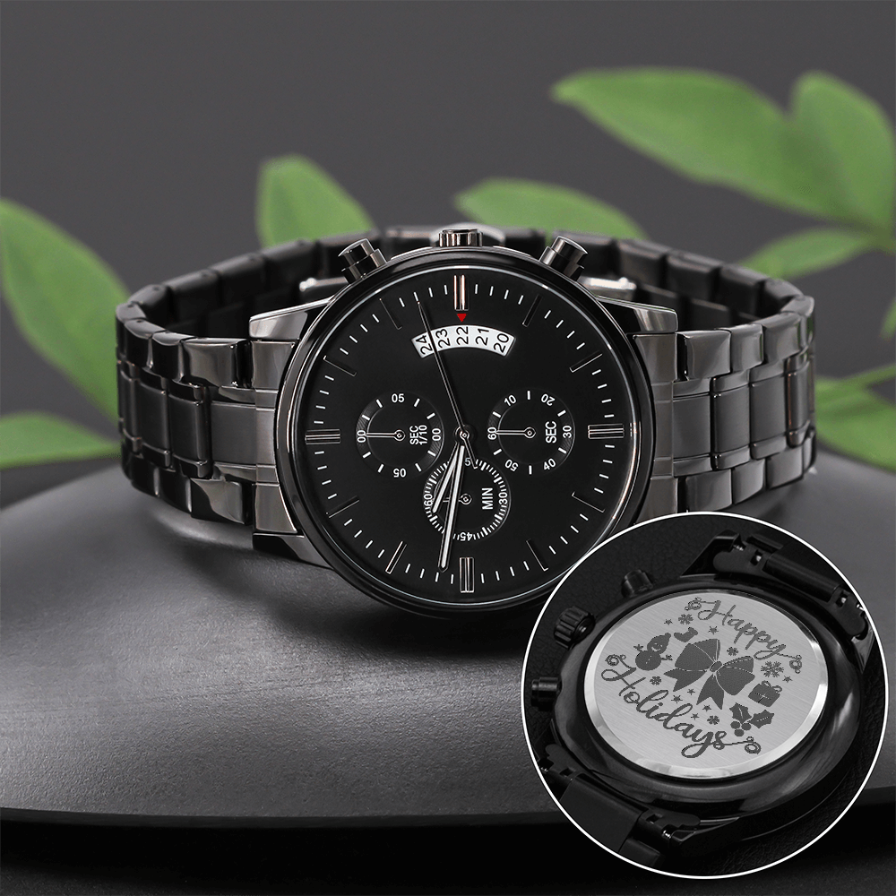 Happy Holidays Merry Christmas Engraved Black Chronograph Watch