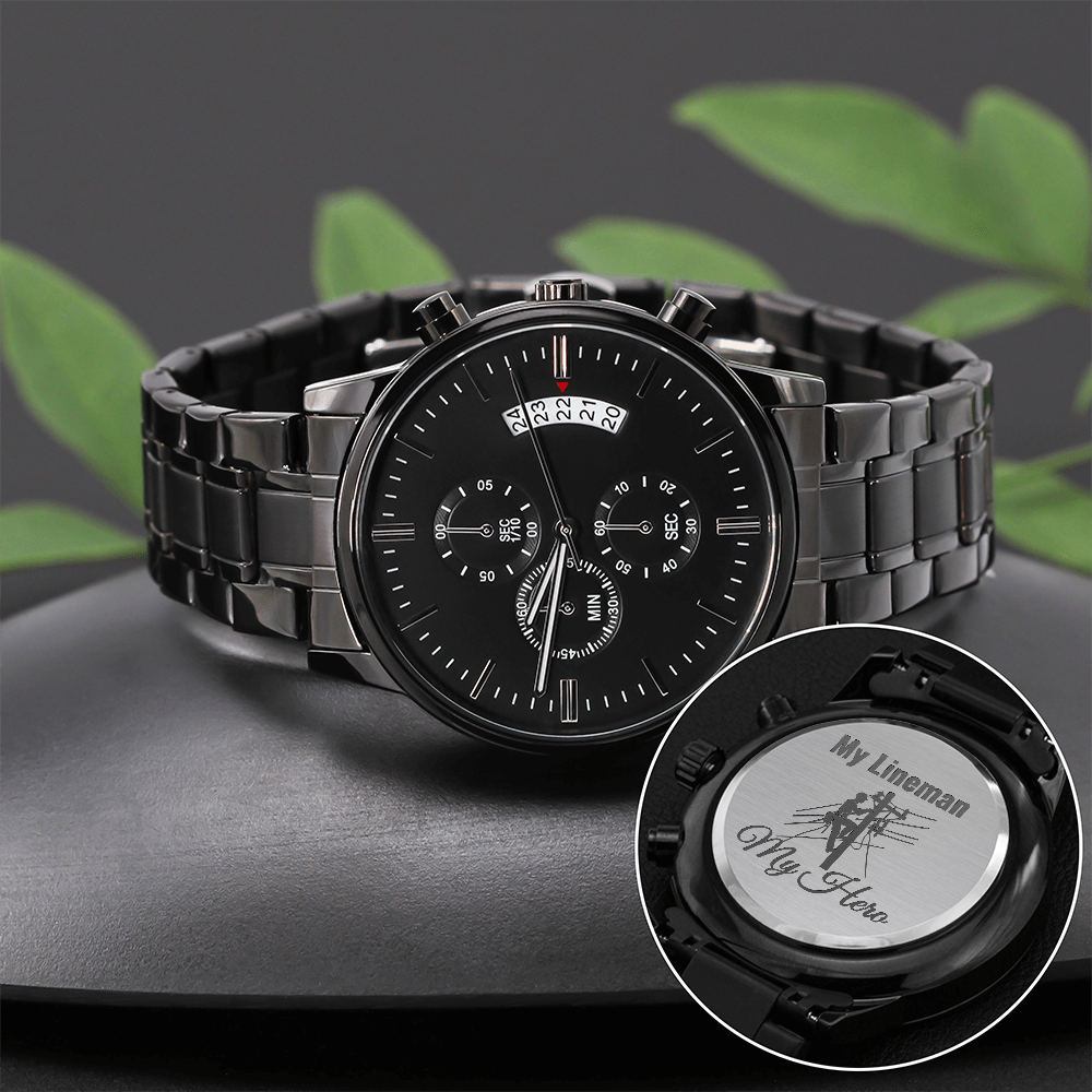 My Lineman My Hero Engraved Design Black Chronograph Watch