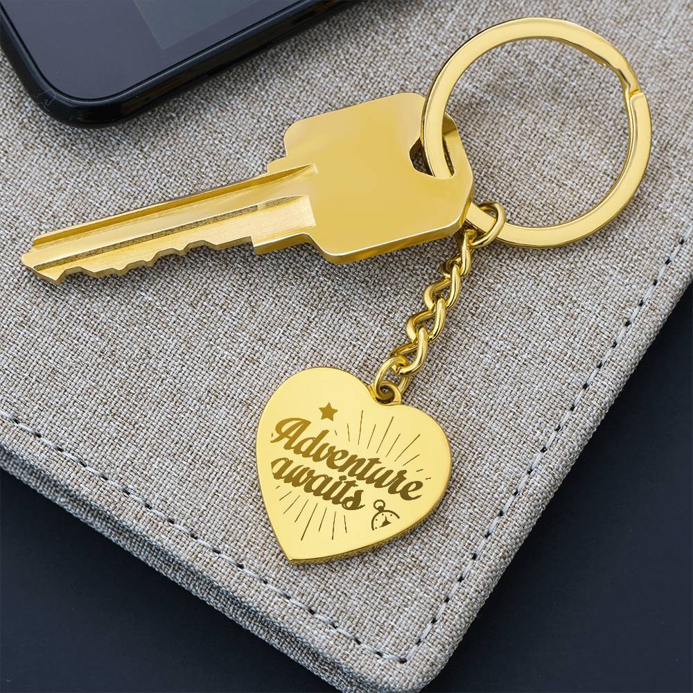 Adventure Awaits Engraved Heart Keychain