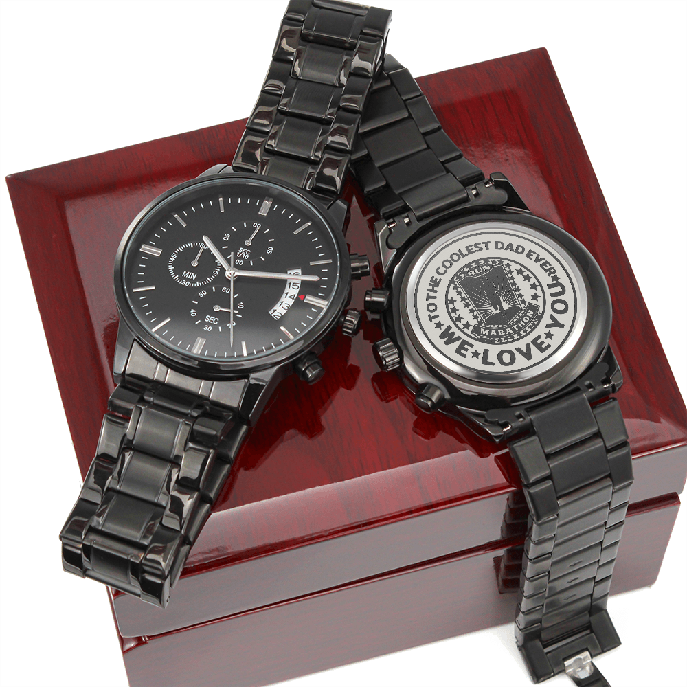 To the Coolest Dad Marathon Runner Engraved Design Black Chronograph Watch
