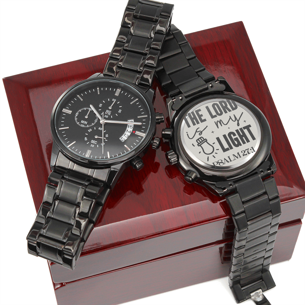 The Lord is My Light Faith Based Engraved Black Chronograph Watch