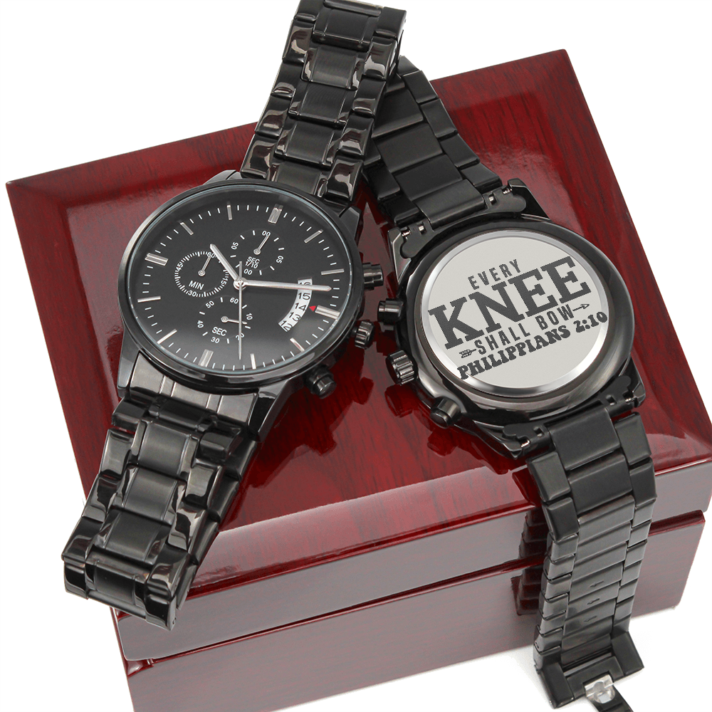 Every Knee Shall Bow Faith Based Engraved Black Chronograph Watch