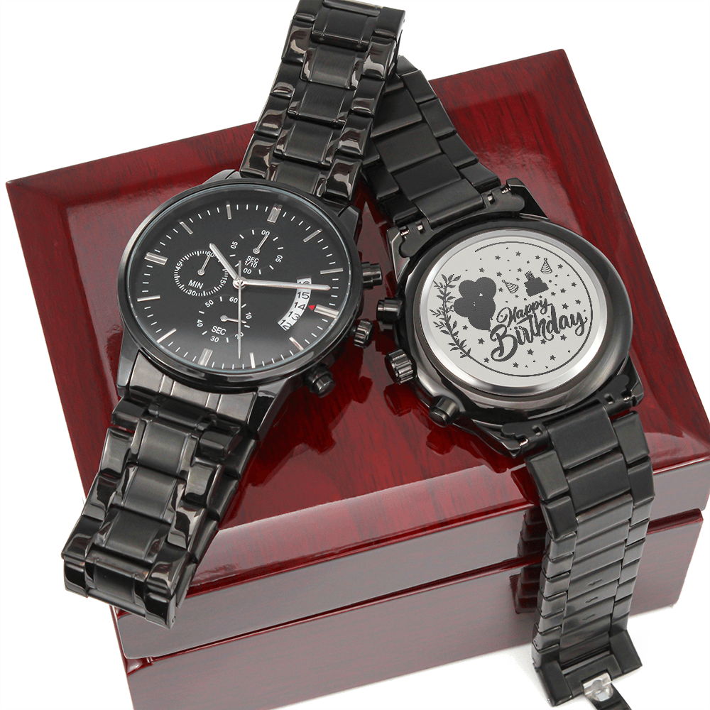 Happy Birthday Engraved Black Chronograph Watch