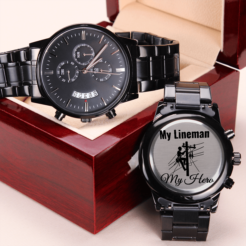 My Lineman My Hero Engraved Design Black Chronograph Watch