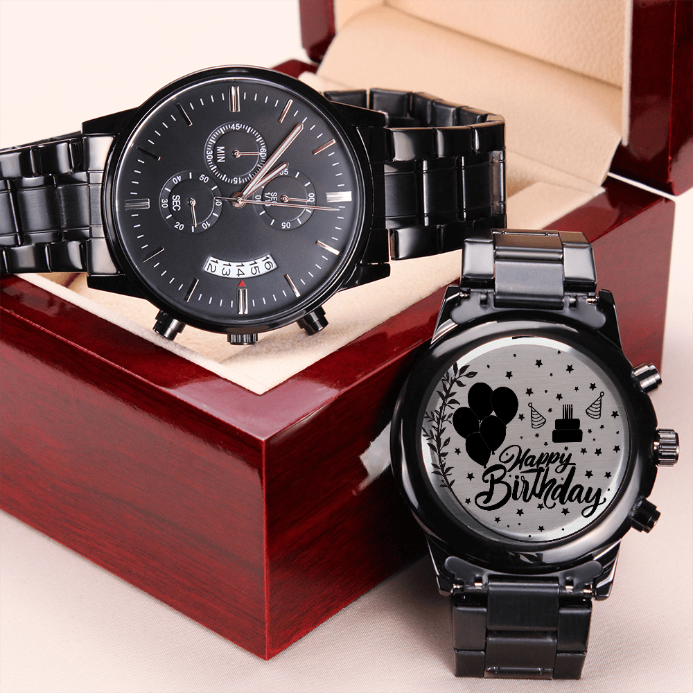 Happy Birthday Engraved Black Chronograph Watch