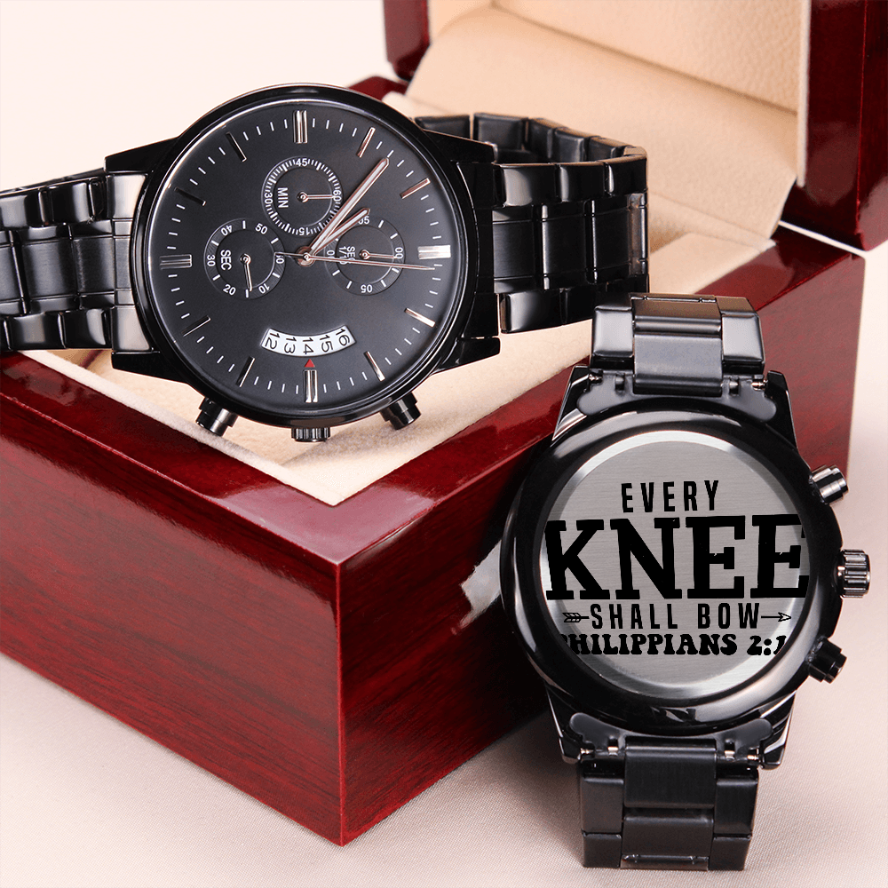 Every Knee Shall Bow Faith Based Engraved Black Chronograph Watch