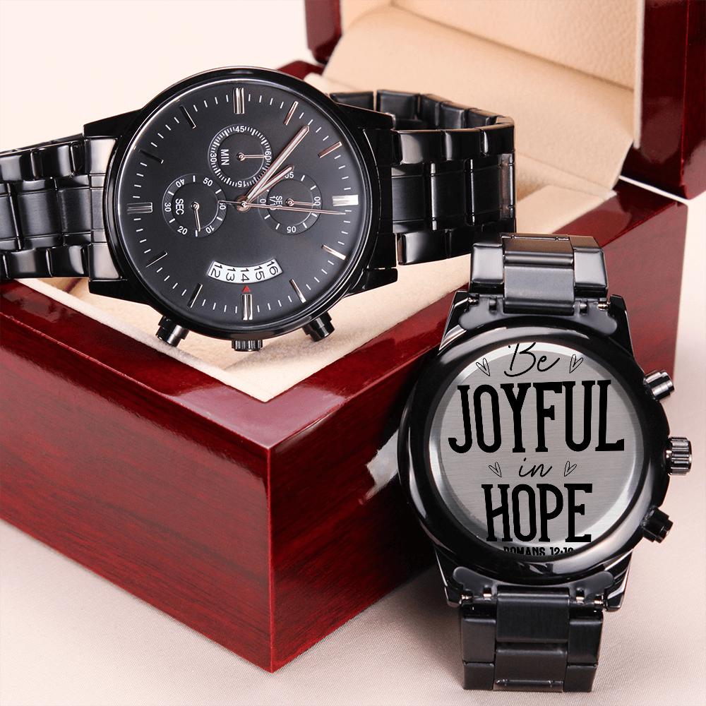 Be Joyful in Hope Faith Based Engraved Black Chronograph Watch