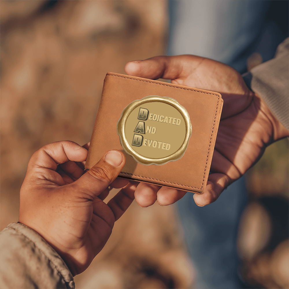 Dedicated and Devoted DAD Golden Seal Graphic Leather Wallet