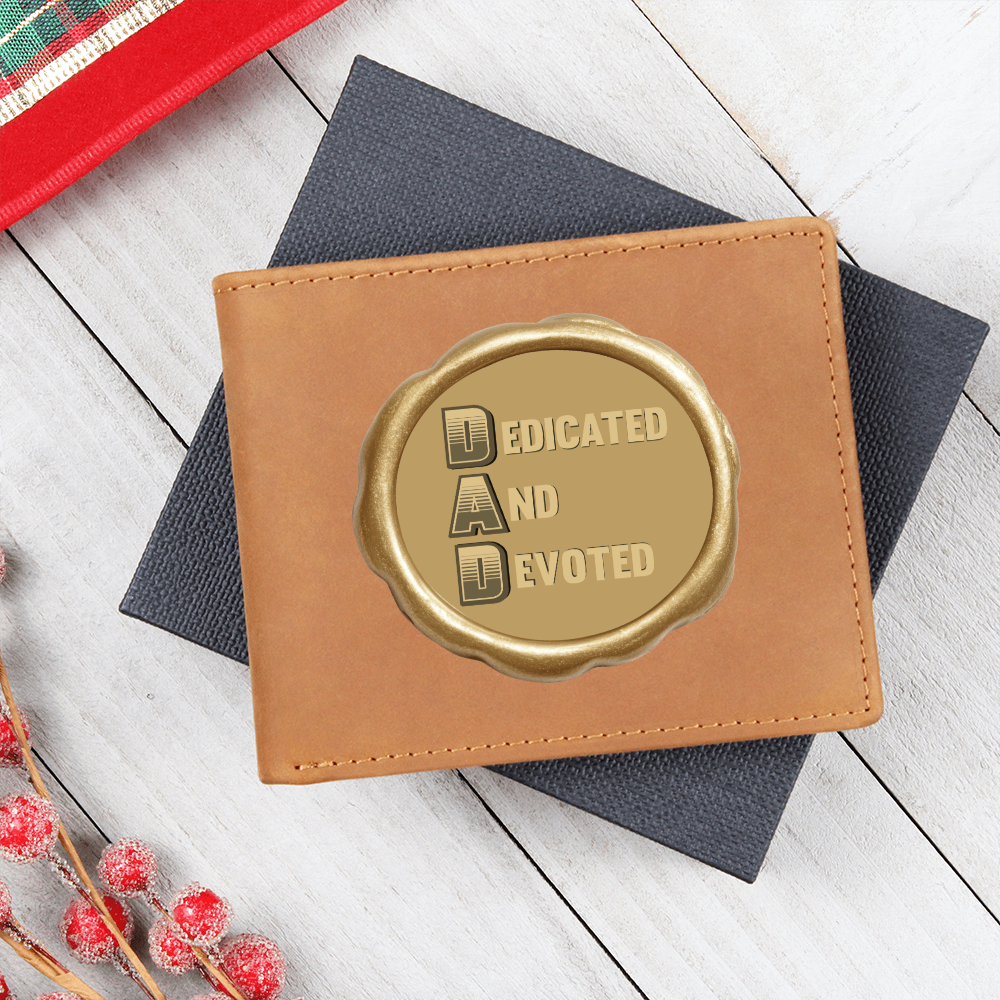 Dedicated and Devoted DAD Golden Seal Graphic Leather Wallet