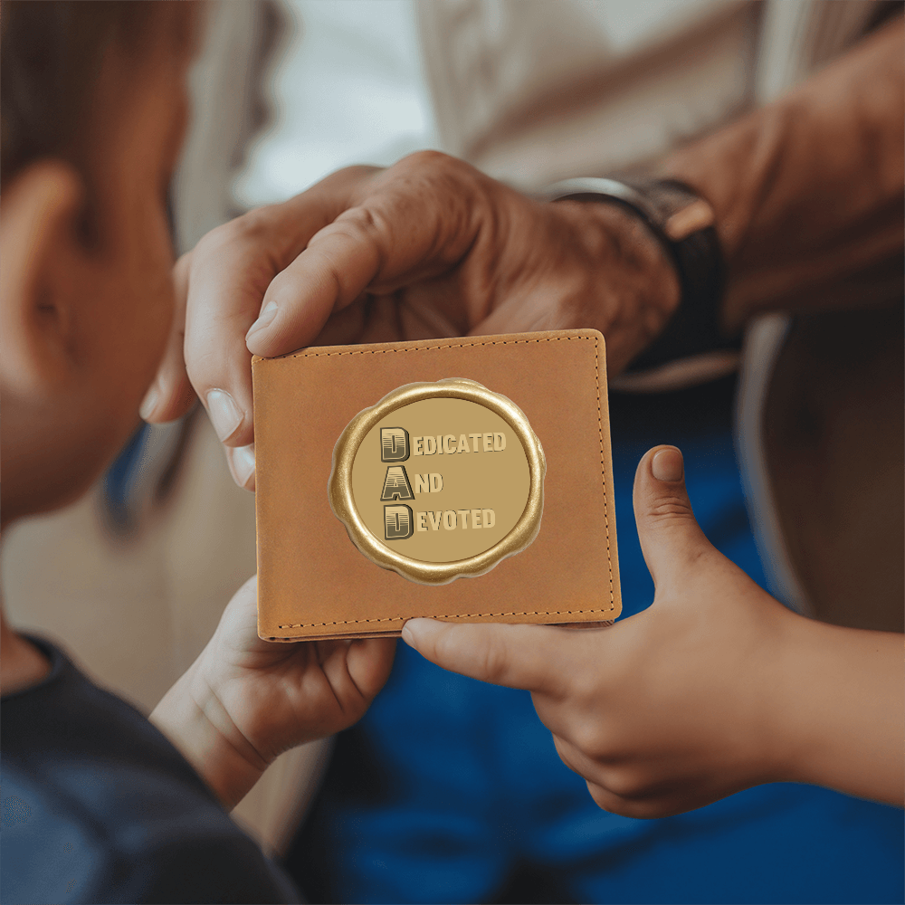 Dedicated and Devoted DAD Golden Seal Graphic Leather Wallet