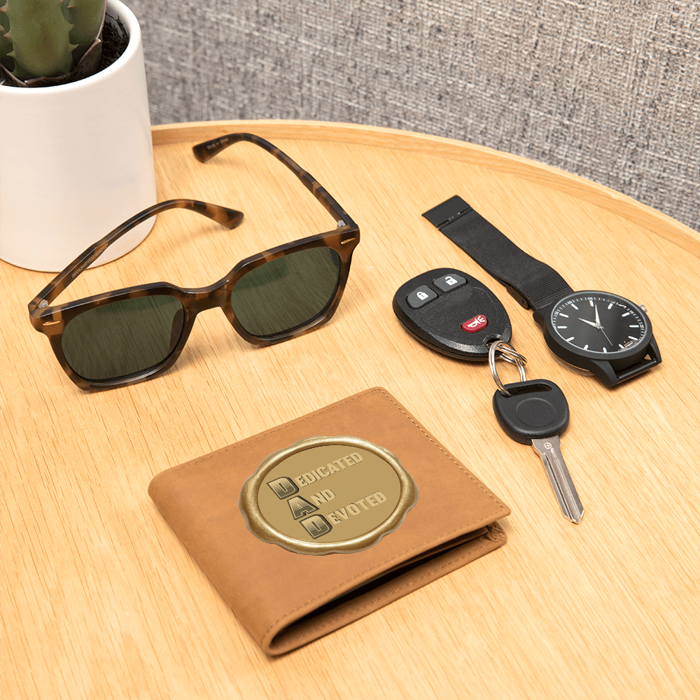 Dedicated and Devoted DAD Golden Seal Graphic Leather Wallet