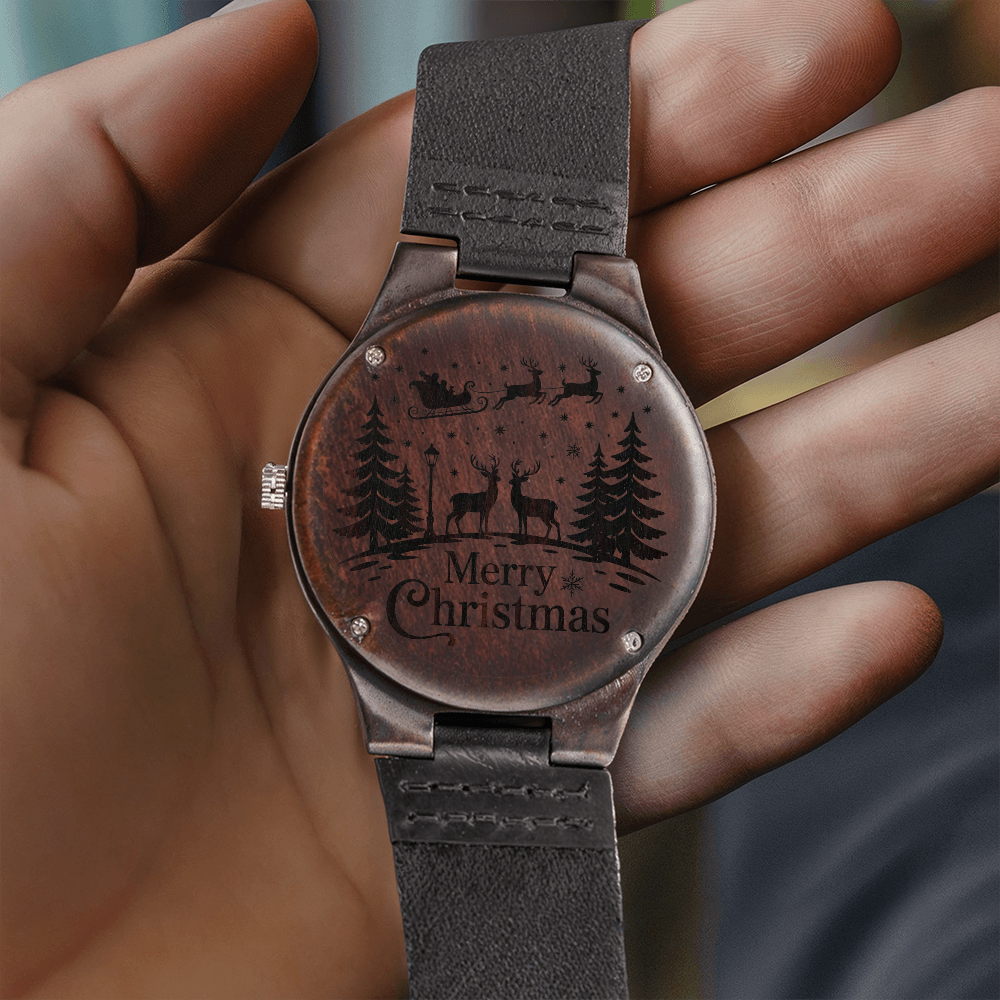 Merry Christmas Snowy Scene Engraved Wooden Watch