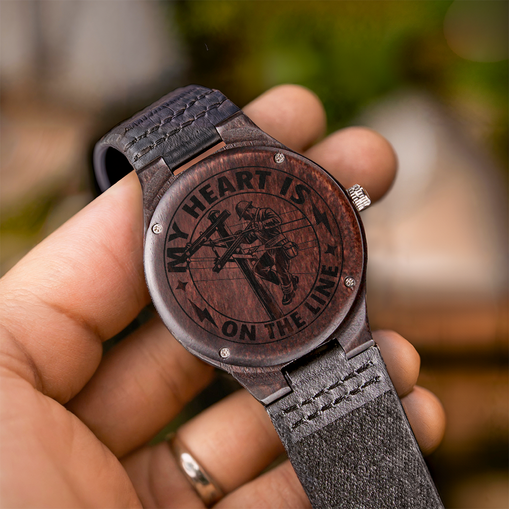 My Heart is on the Line Lineman Electrician Engraved Wooden Watch