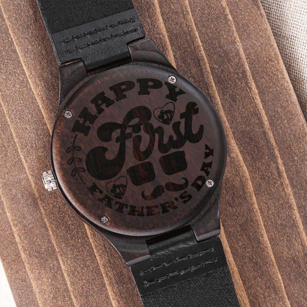 Happy First Father's Day Dad Engraved Wooden Watch with Leather Band