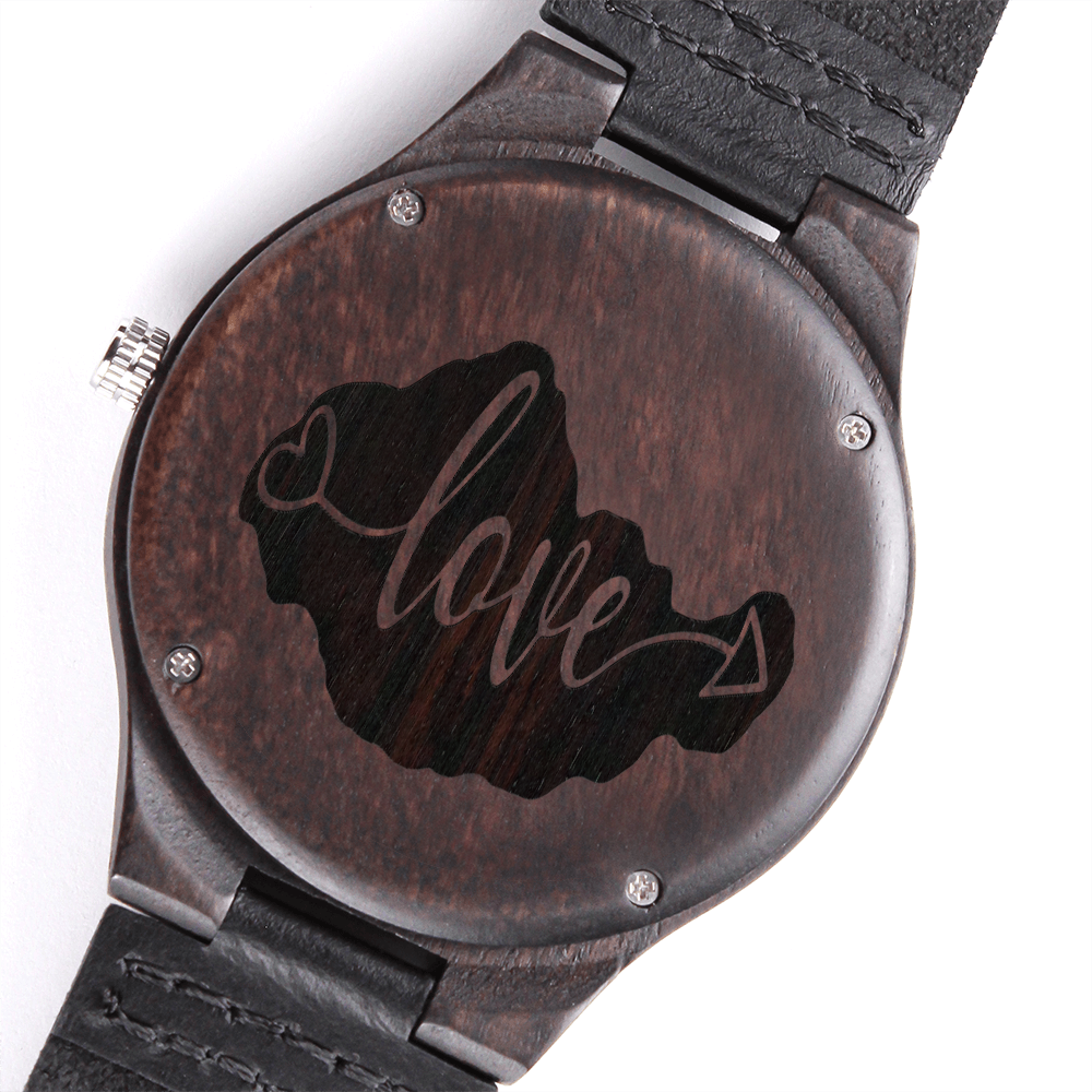 Men's Engraved Love Wooden Watch with Genuine Leather Strap