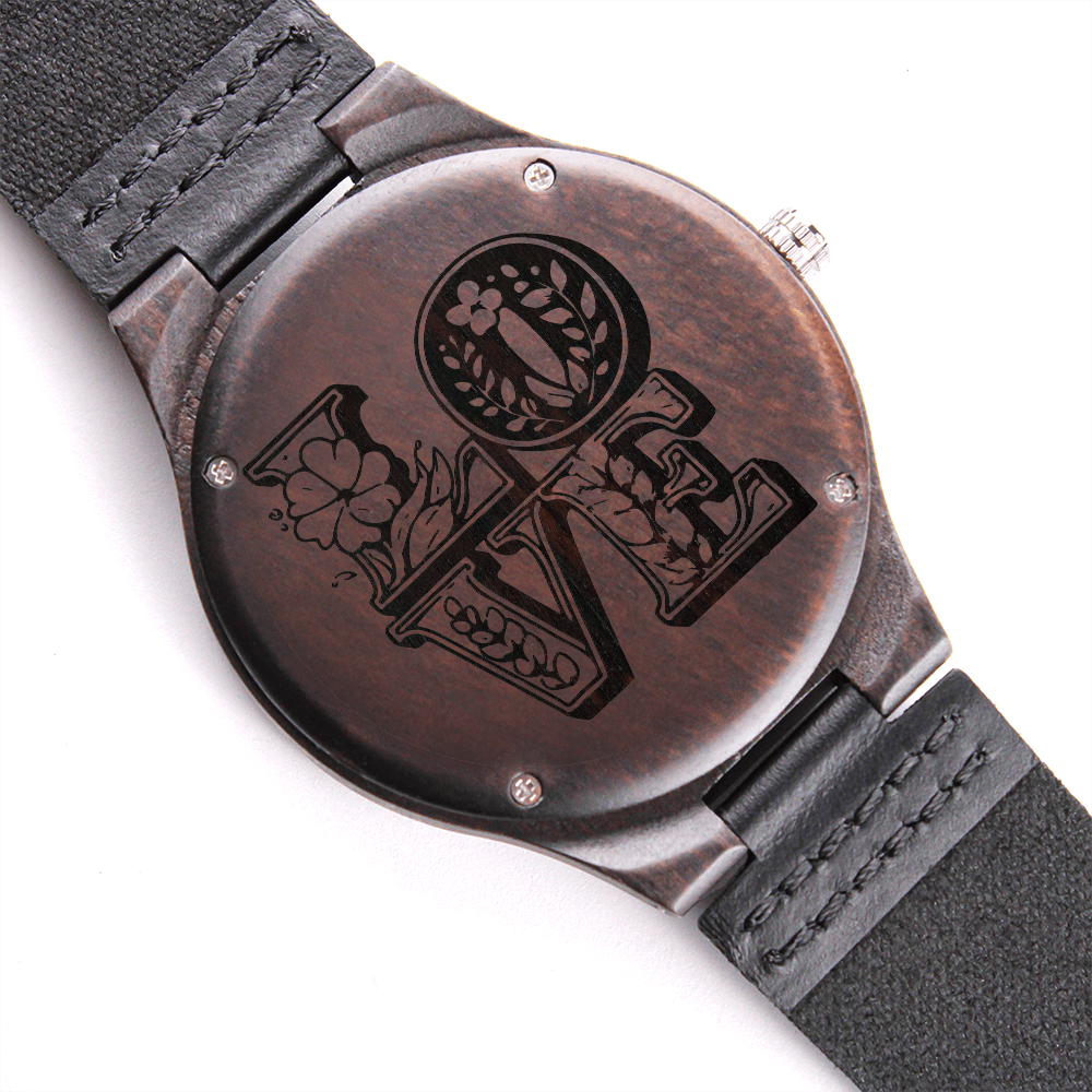 Floral LOVE Engraved Wooden Luxury Watch with Genuine Leather Strap