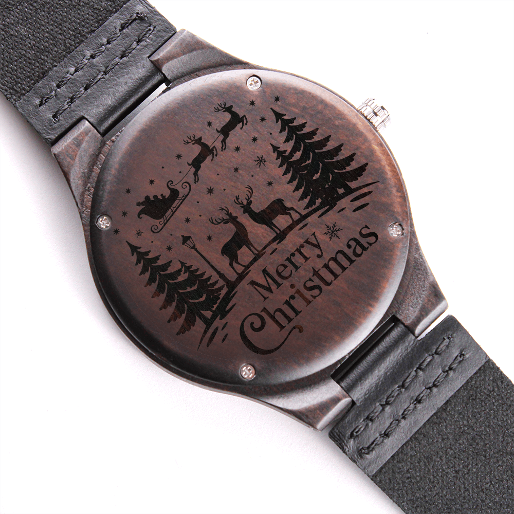 Merry Christmas Snowy Scene Engraved Wooden Watch
