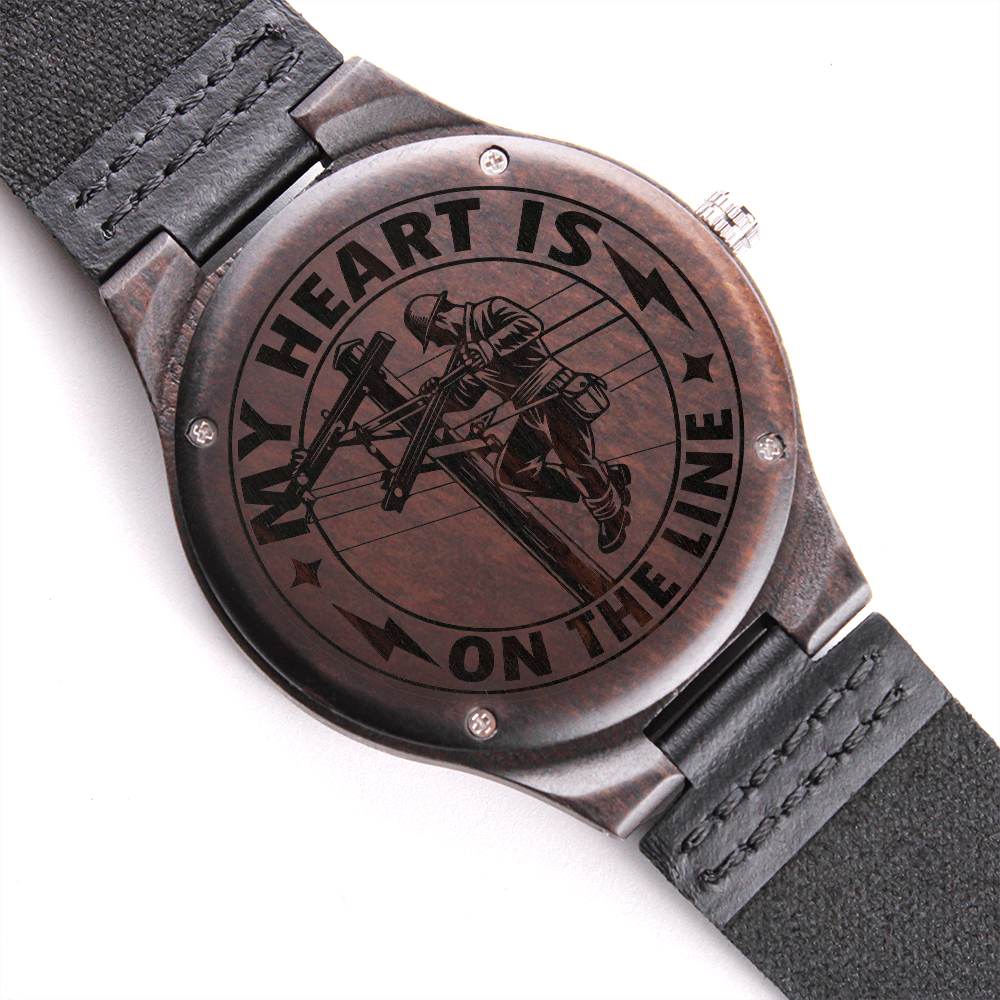 My Heart is on the Line Lineman Electrician Engraved Wooden Watch