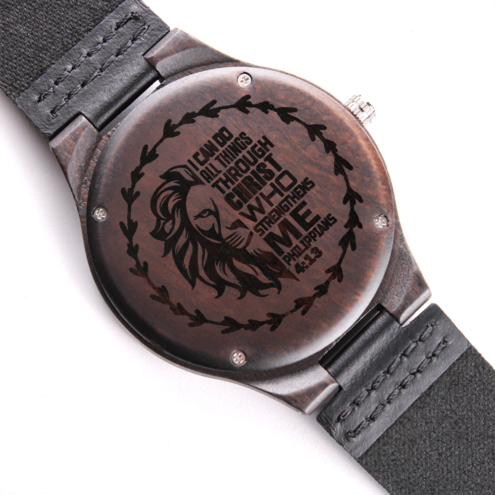 I Can Do All Things Through Christ Lion Faith Based Engraved Wooden Watch