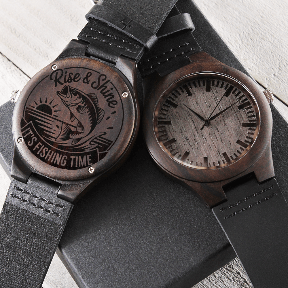 Rise & Shine Its Fishing Time Engraved Wooden Watch
