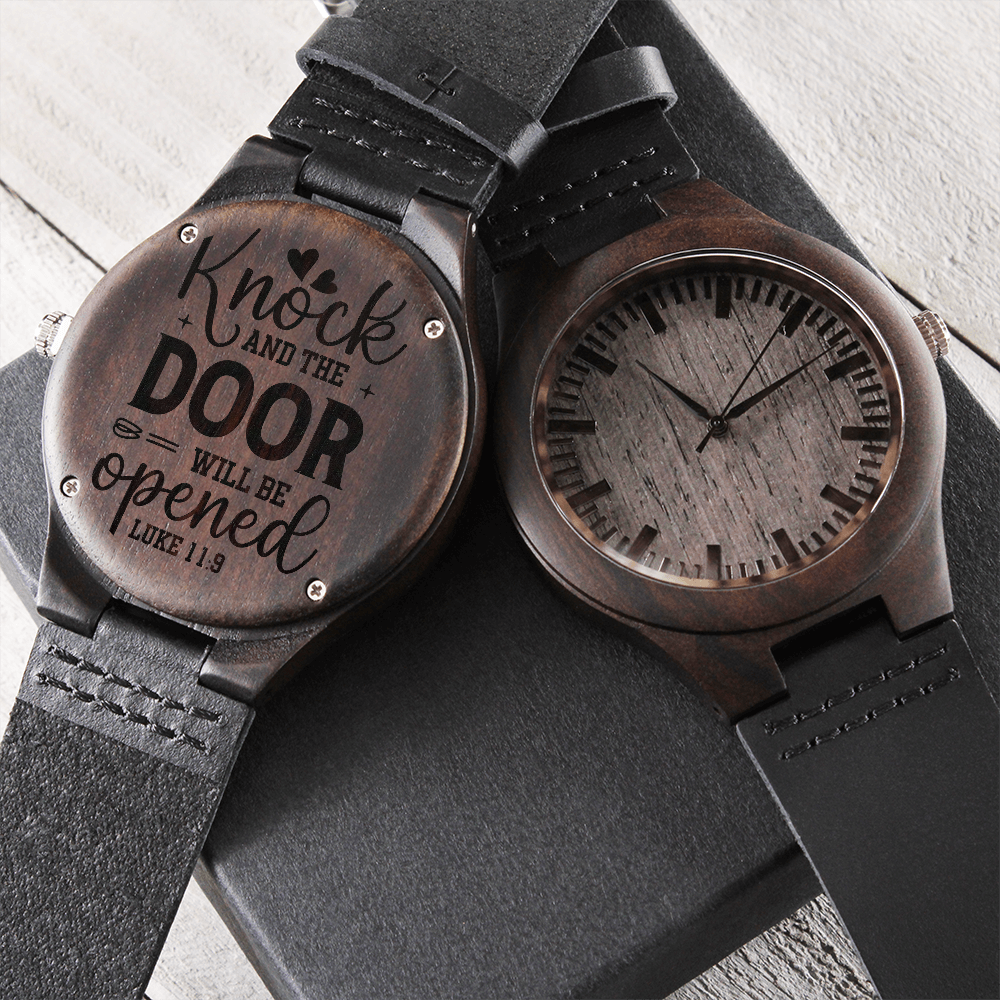 Knock and the Door Will Be Opened Faith Based Engraved Wooden Watch