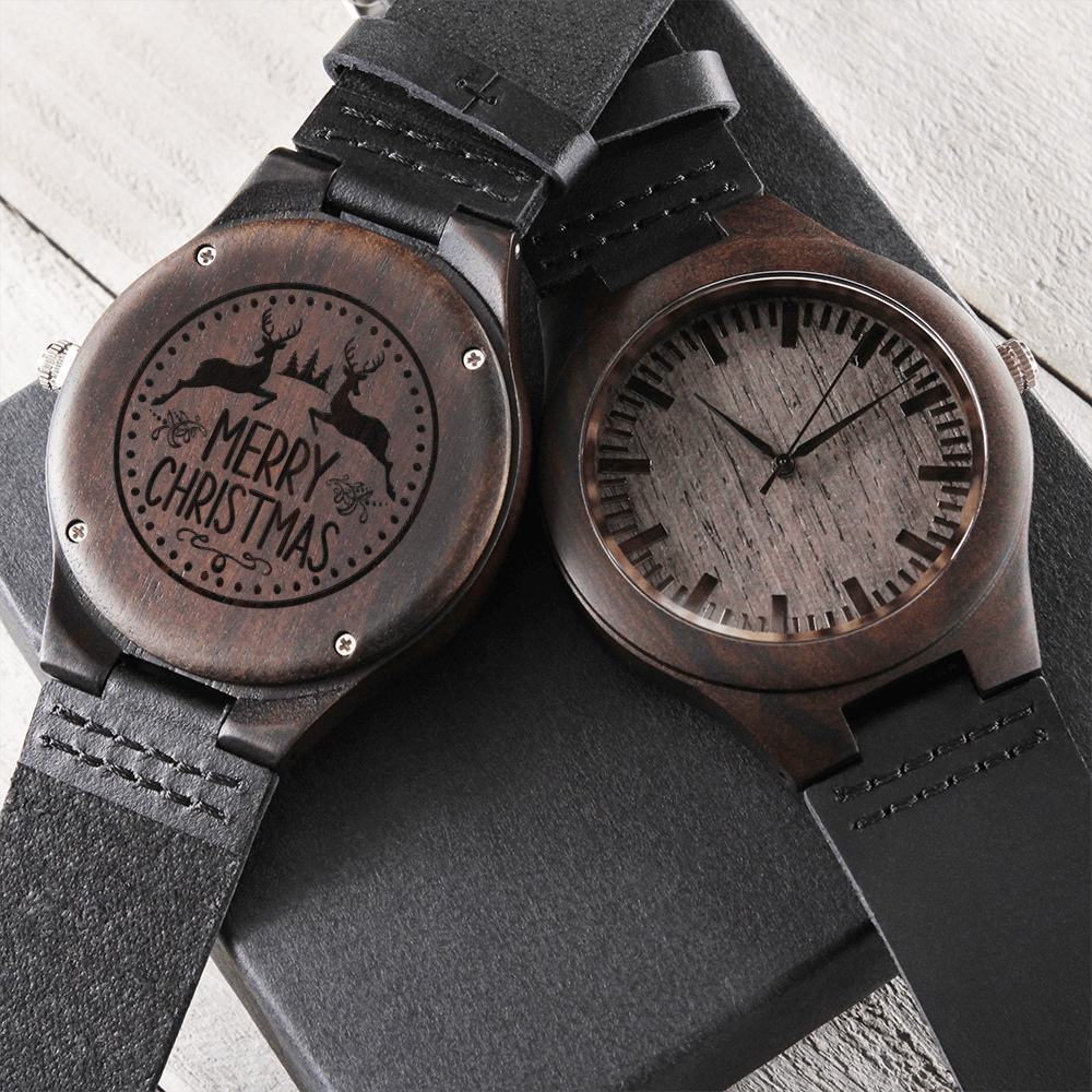 Merry Christmas with Reindeer Engraved Wooden Watch