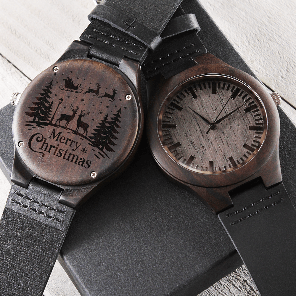 Merry Christmas Snowy Scene Engraved Wooden Watch