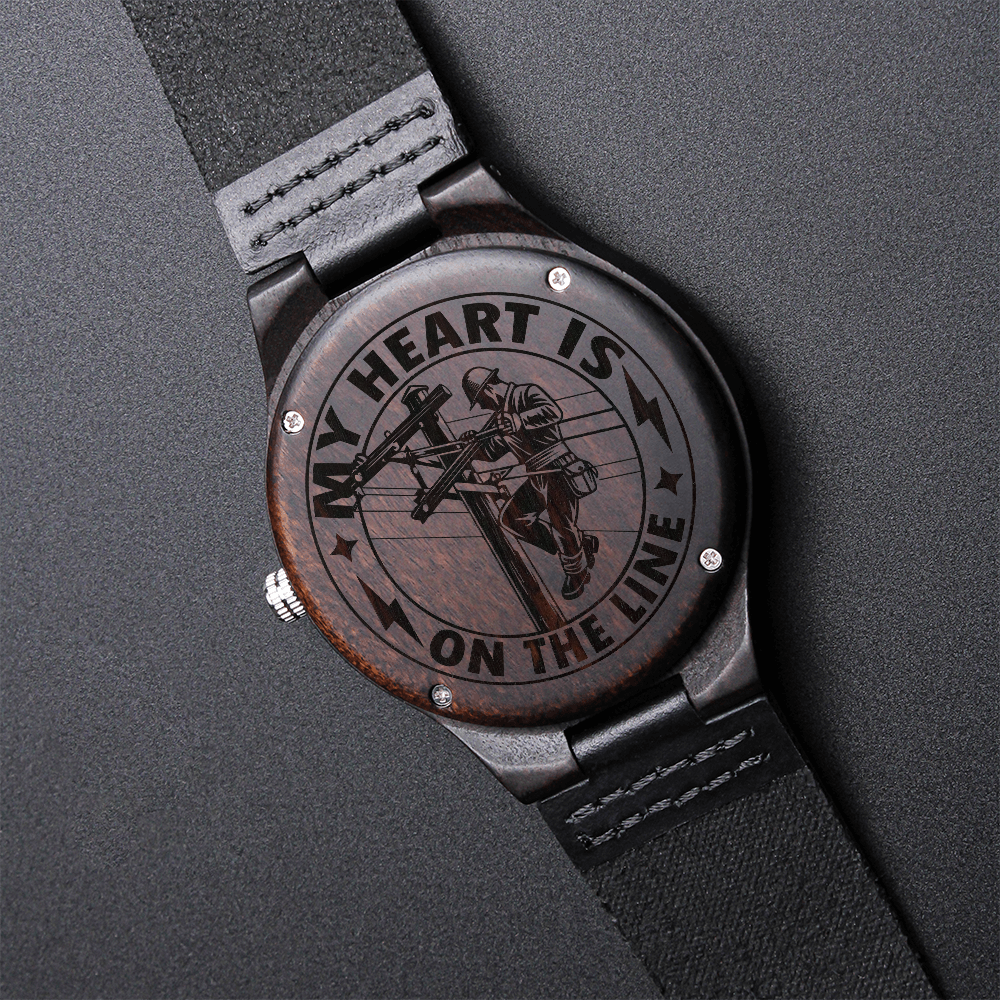 My Heart is on the Line Lineman Electrician Engraved Wooden Watch