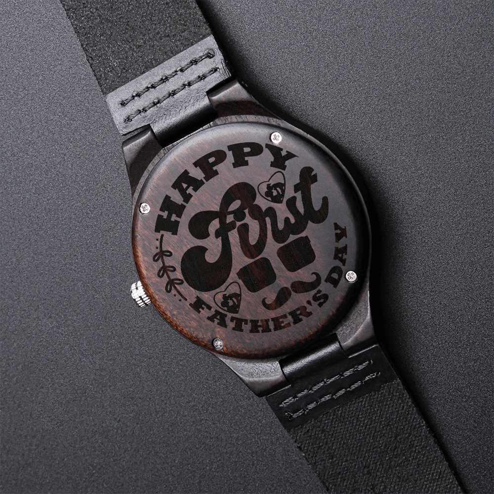Happy First Father's Day Dad Engraved Wooden Watch with Leather Band