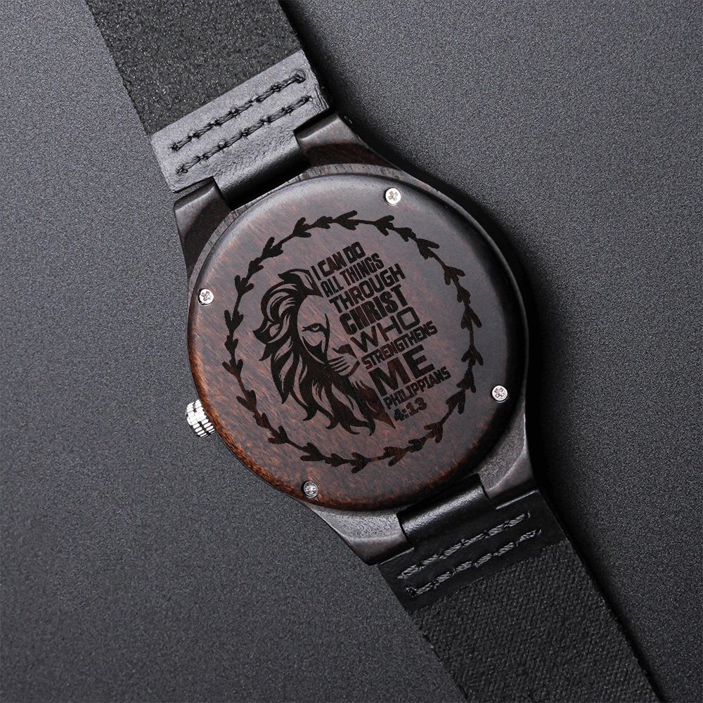 I Can Do All Things Through Christ Lion Faith Based Engraved Wooden Watch