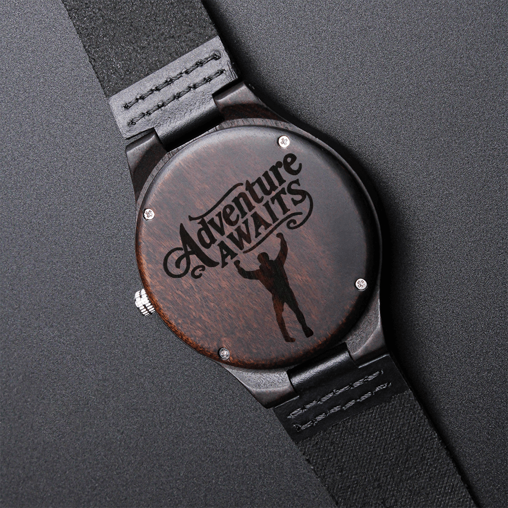 Adventure Awaits Triumphant Man Engraved Wooden Watch