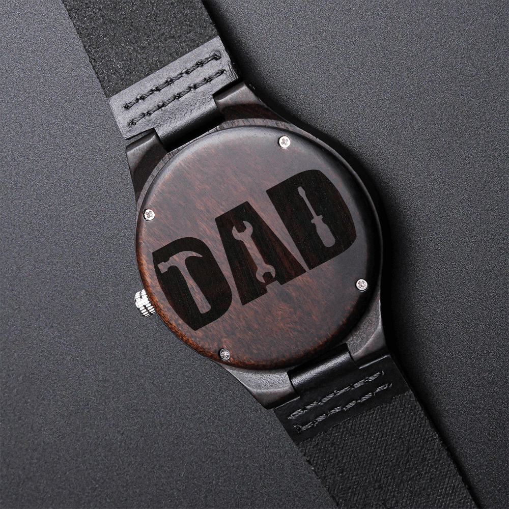 Celebrate Dad with Tools Engraved Wooden Watch with Leather Strap