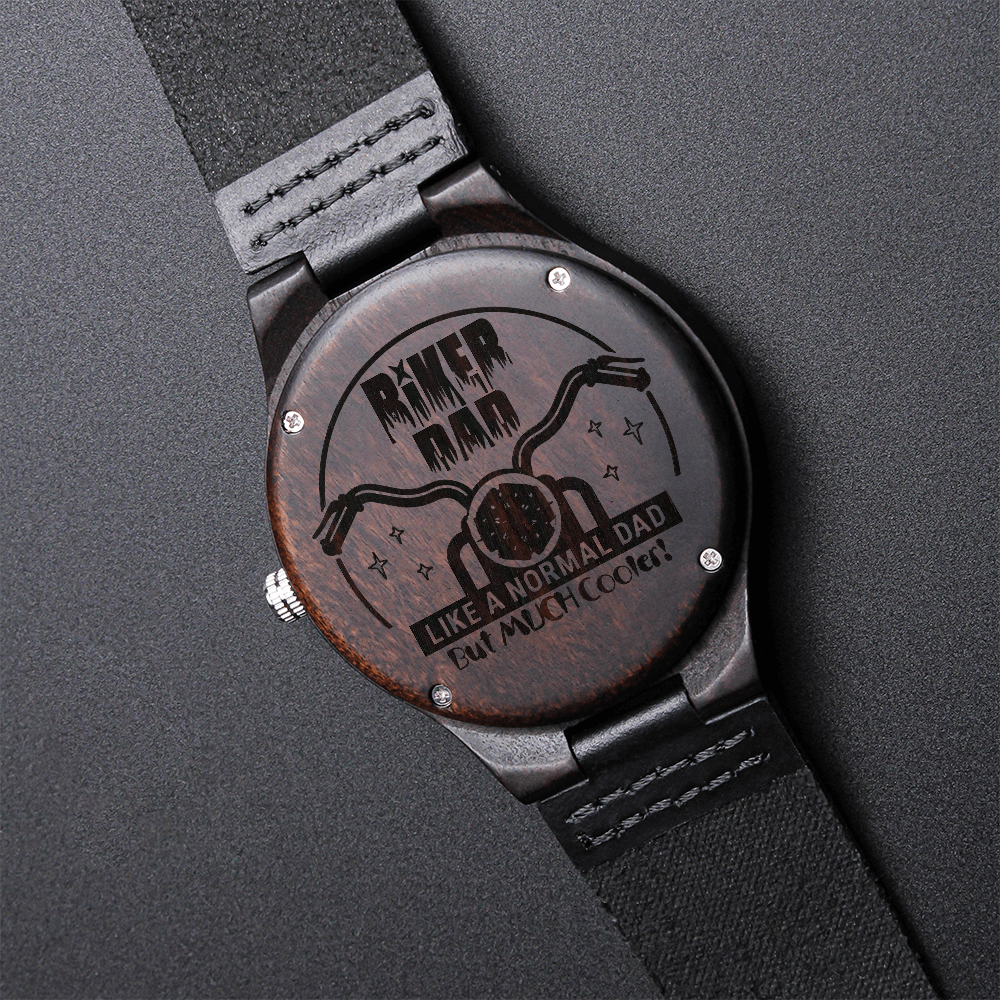 Biker Dad Engraved Wooden Watch with Leather Strap